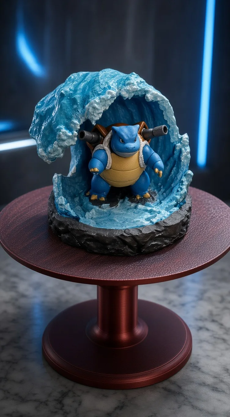 Mini Diorama Blastoise com Efeito de Onda (Pokémon) – Resina Pintada à Mão